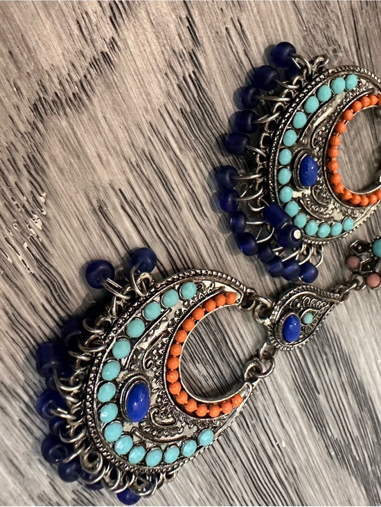 Jewelry - Boho Crescent Dangle Earrings in Turquoise & Coral